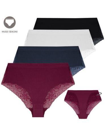Majtki damskie wiskozowe maxi bikini prążkowane z koronką zestaw 4-pak - WIELOKOLOROWY