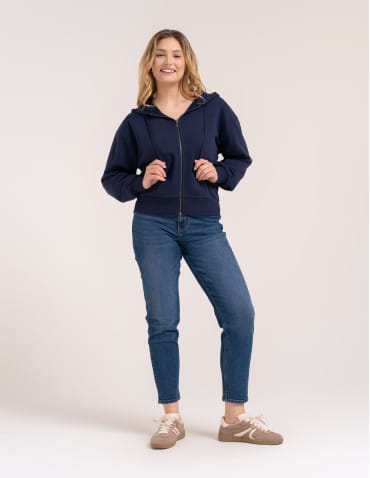 Bluzy dresowe - Bluza damska bawełniana z kapturem rozpinana wygodna o kroju boxy GRANATOWY - produkt 3