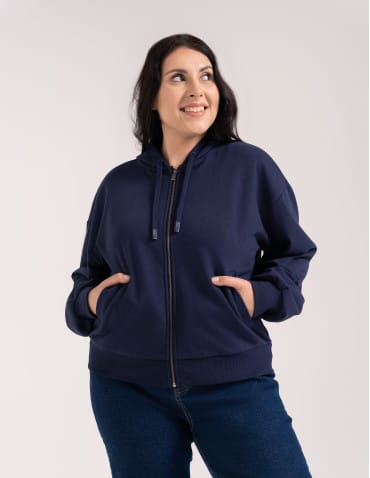 Bluzy dresowe - Bluza damska bawełniana z kapturem rozpinana wygodna o kroju boxy GRANATOWY - produkt 9
