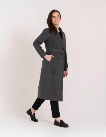 Kurtki zimowe - Płaszcz damski elegancki z rozcięciem z tyłu taliowany casual SZARY - produkt 5