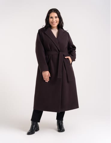 Kurtki zimowe - Płaszcz damski elegancki z rozcięciem z tyłu taliowany casual BRĄZOWY - produkt 3
