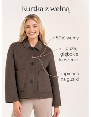 Kurtki przejściowe - Kurtka damska zawierająca wełnę elegancka o kr&oacute;tkim fasonie CIEMNY BEŻOWY - produkt 3