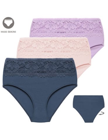 Majtki bikini damskie maxi z koronkowym pasem 3-pak - WIELOKOLOROWY