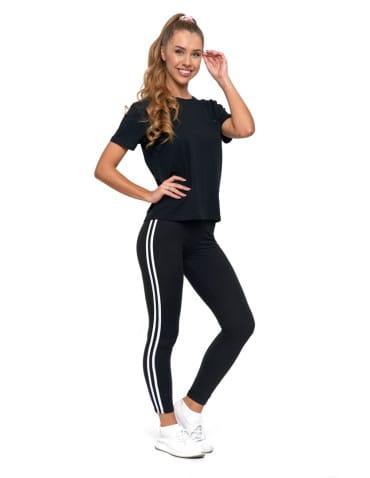 Legginsy damskie - Legginsy damskie z lampasami typu peach touch CZARNY - produkt 2