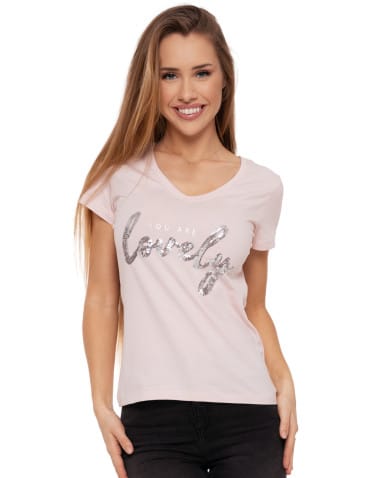 Koszulki i T-shirty - T-shirt damski z dekoltem w serek i cekinami R&Oacute;ŻOWY - produkt 1