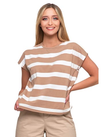 Koszulki i T-shirty - Koszulka damska luźna bawełniana w szerokie paski BEŻOWY - produkt 1