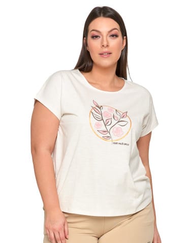 Koszulki i T-shirty - Koszulka damska T-shirt w kwiaty krótki rękaw KREMOWY - produkt 1