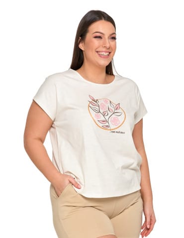 Koszulki i T-shirty - Koszulka damska T-shirt w kwiaty krótki rękaw KREMOWY - produkt 4
