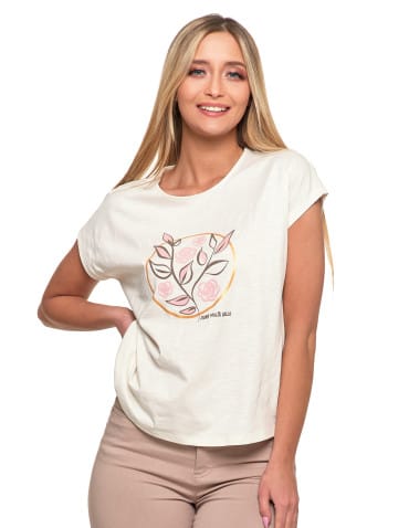 Koszulki i T-shirty - Koszulka damska T-shirt w kwiaty krótki rękaw KREMOWY - produkt 13