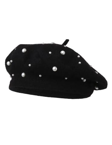 Czapki i opaski - Elegancki beret damski z dodatkiem wełny i perłami CZARNY - produkt 1