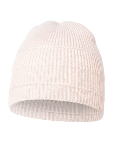 Czapka damska beanie w prążek z domieszką wełny - BEŻOWY