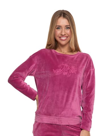 Bluzy damskie - Welurowa bluza damska z haftem bez kaptura RÓŻOWY - produkt 1