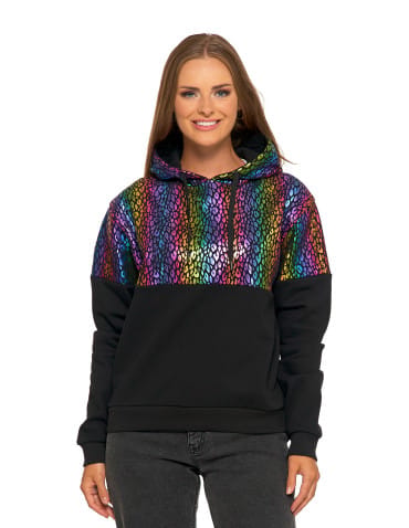 Bluzy damskie - Damska bluza z kapturem ocieplana z motywem graficznym WIELOKOLOROWY - produkt 1