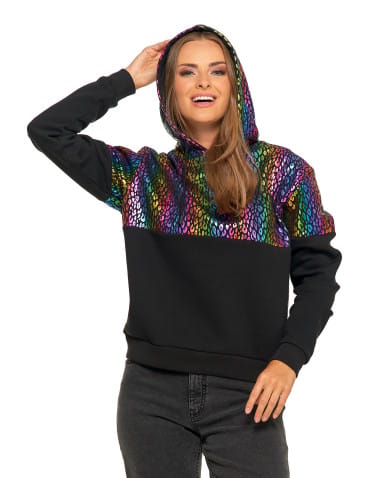 Bluzy damskie - Damska bluza z kapturem ocieplana z motywem graficznym WIELOKOLOROWY - produkt 6