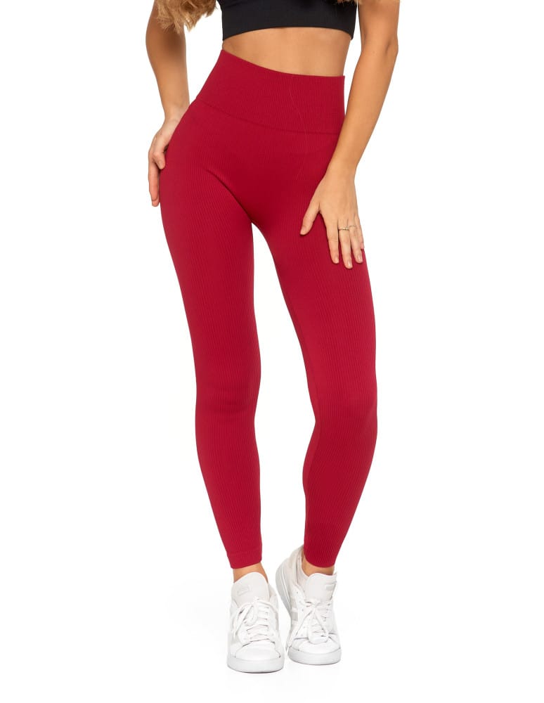 Legginsy damskie - Legginsy damskie z wysokim stanem prążkowane sportowe CZERWONY  - produkt moraj.pl 3