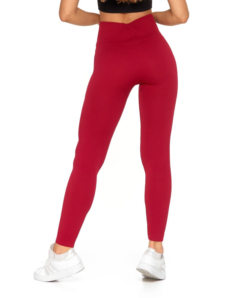 Legginsy damskie - Legginsy damskie z wysokim stanem prążkowane sportowe CZERWONY  - produkt moraj.pl 4