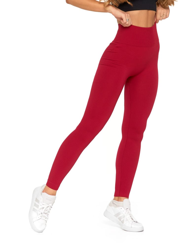 Legginsy damskie - Legginsy damskie z wysokim stanem prążkowane sportowe CZERWONY  - produkt moraj.pl 7