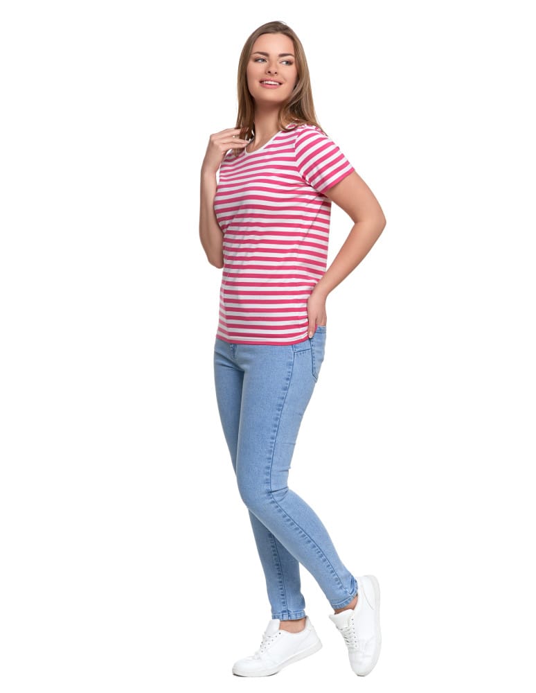 Koszulki i T-shirty - T-shirt damski bawełniany w paski MALINOWY  - produkt moraj.pl 3