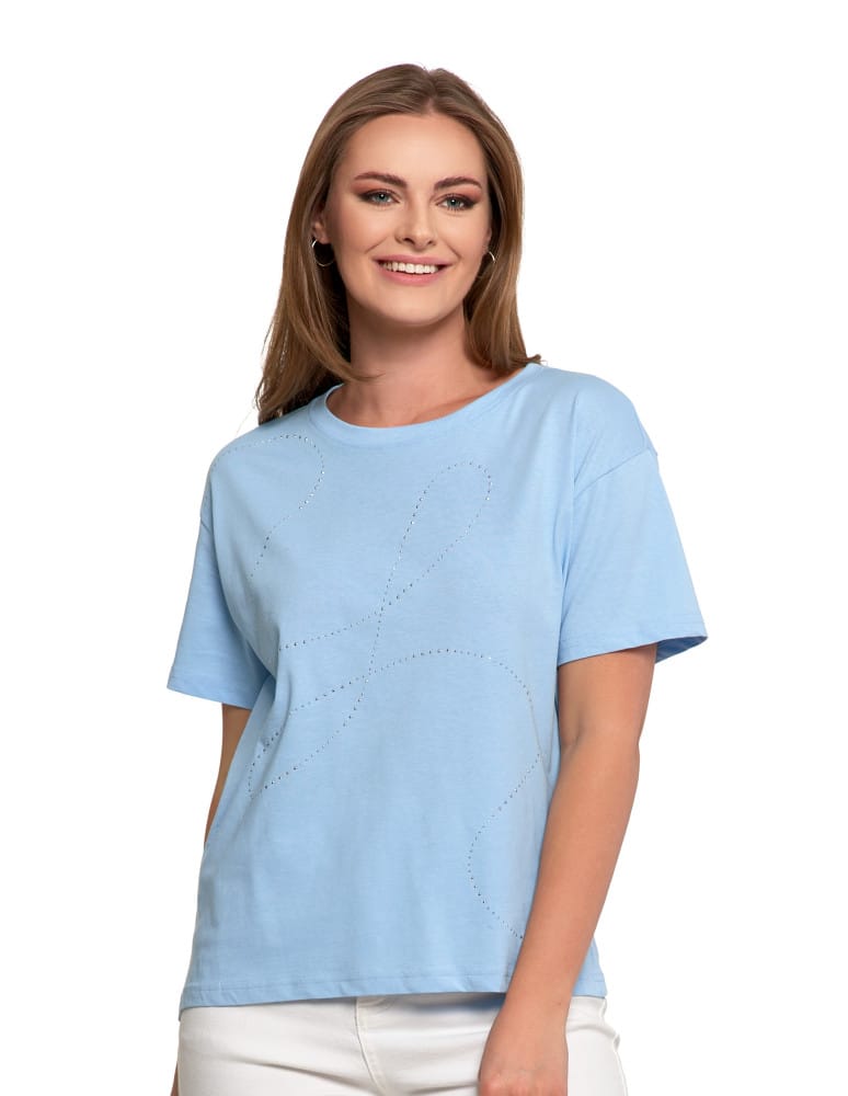 Koszulki i T-shirty - T-shirt damski oversize z ozdobnymi dżetami NIEBIESKI - produkt moraj.pl 1