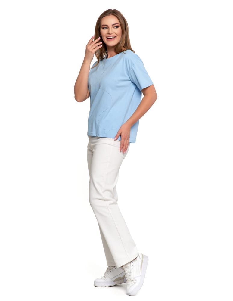 Koszulki i T-shirty - T-shirt damski oversize z ozdobnymi dżetami NIEBIESKI  - produkt moraj.pl 2
