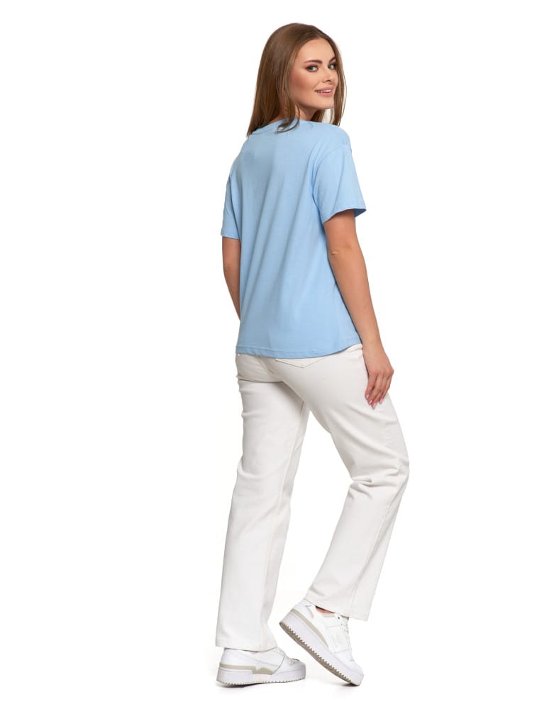 Koszulki i T-shirty - T-shirt damski oversize z ozdobnymi dżetami NIEBIESKI  - produkt moraj.pl 3