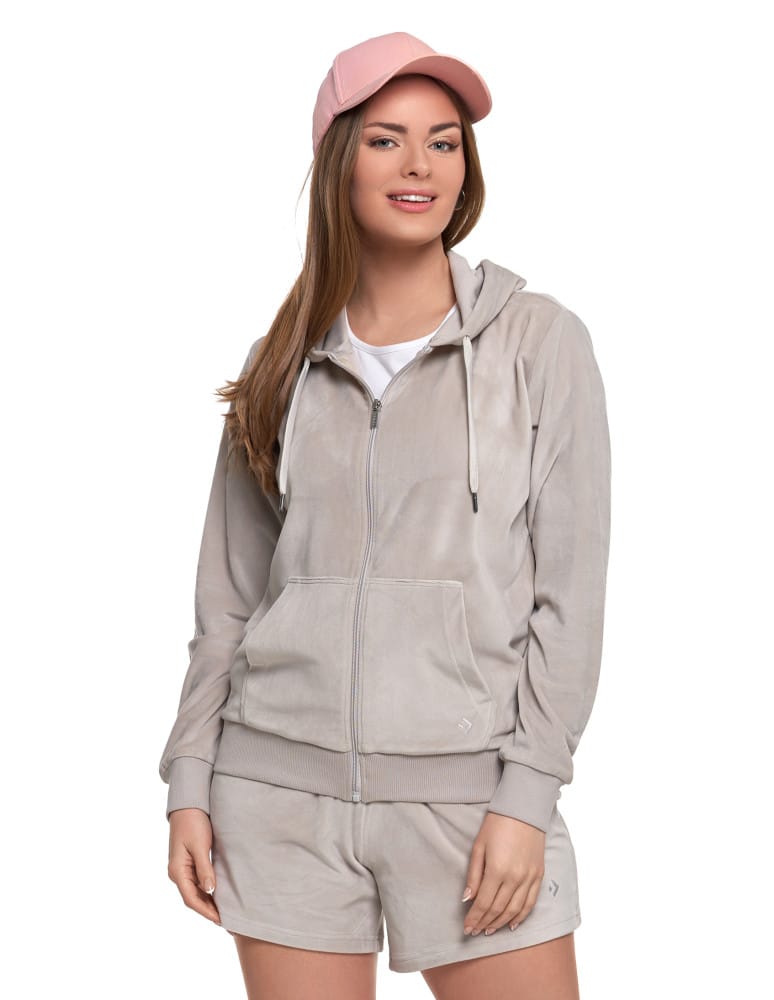 Bluzy damskie - Damska welurowa bluza z kapturem i zamkiem JASNY SZARY - produkt moraj.pl 1