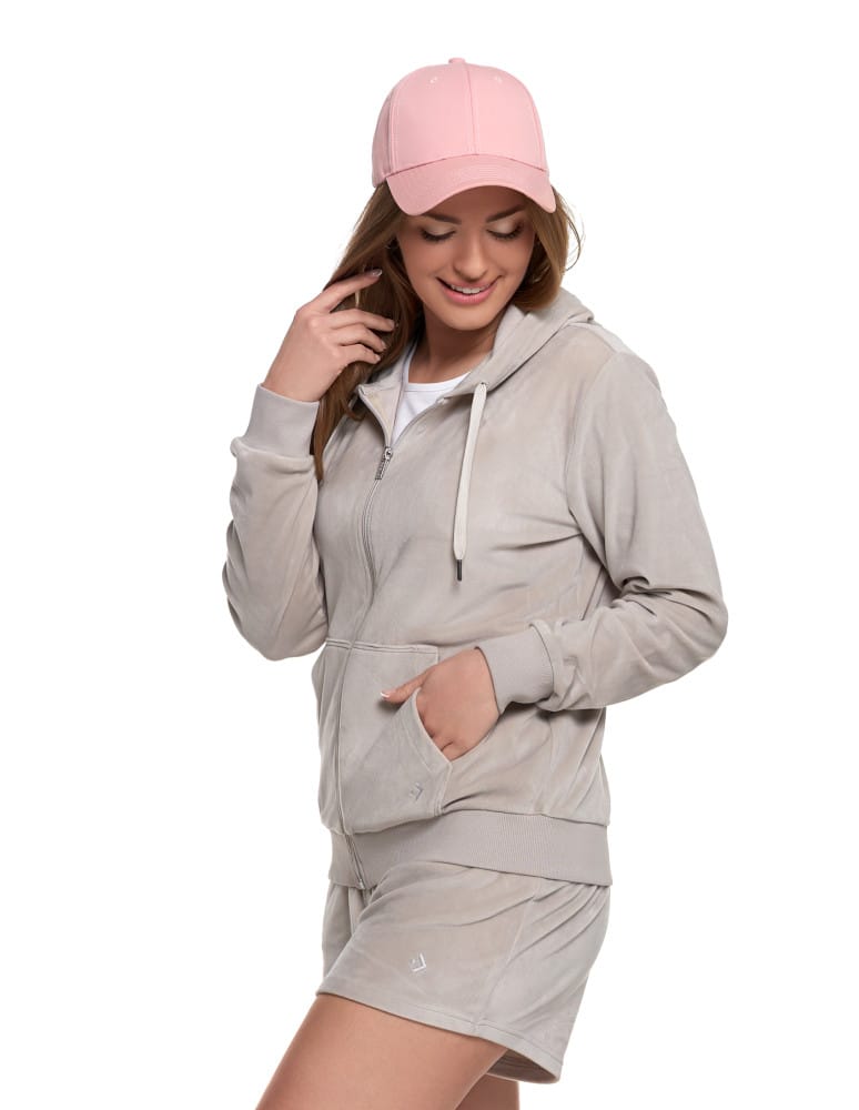 Bluzy damskie - Damska welurowa bluza z kapturem i zamkiem JASNY SZARY  - produkt moraj.pl 3