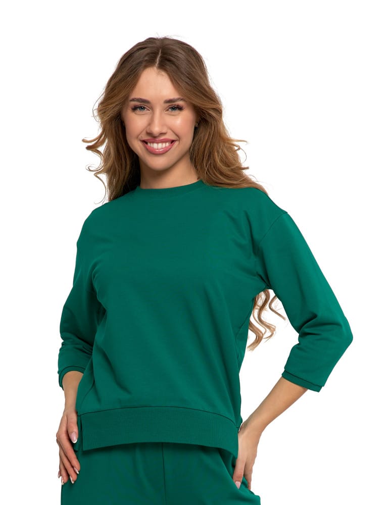 Bluzy damskie - Bluza dresowa damska z rękawem 3/4 i rozcięciem po bokach ZIELONY - produkt moraj.pl 1