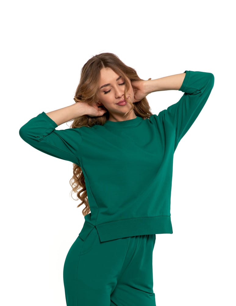 Bluzy damskie - Bluza dresowa damska z rękawem 3/4 i rozcięciem po bokach ZIELONY - produkt moraj.pl 8