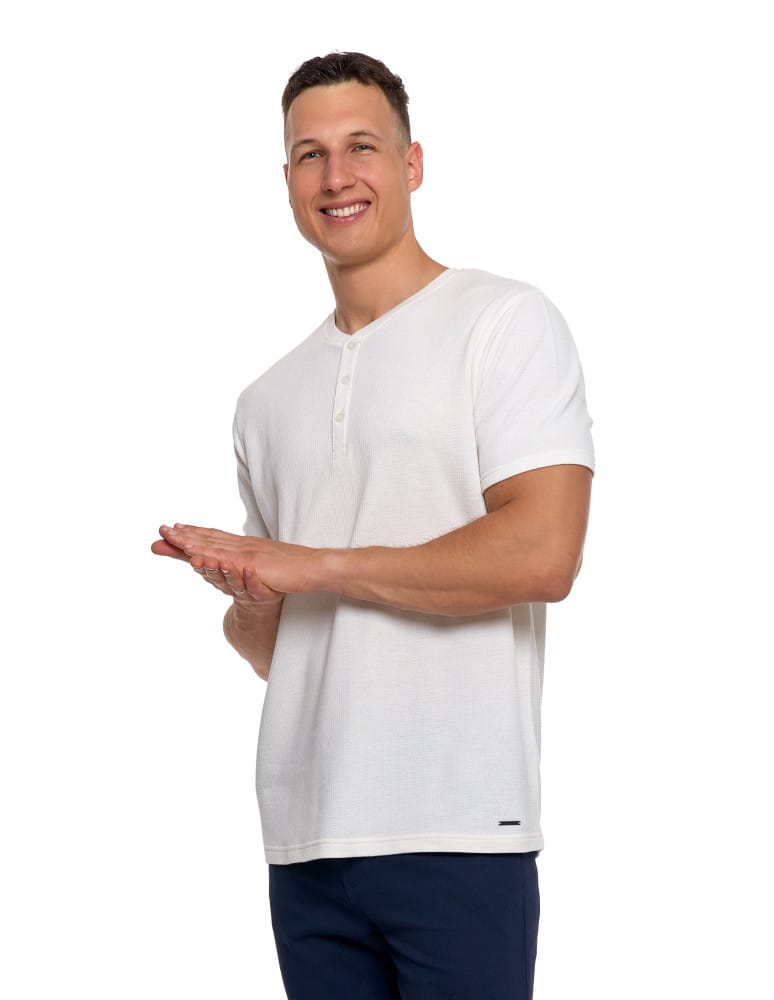 Koszulki i Tank Topy - T-shirt męski bawełniany o strukturalnym splocie typu waffle KREMOWY  - produkt moraj.pl 2