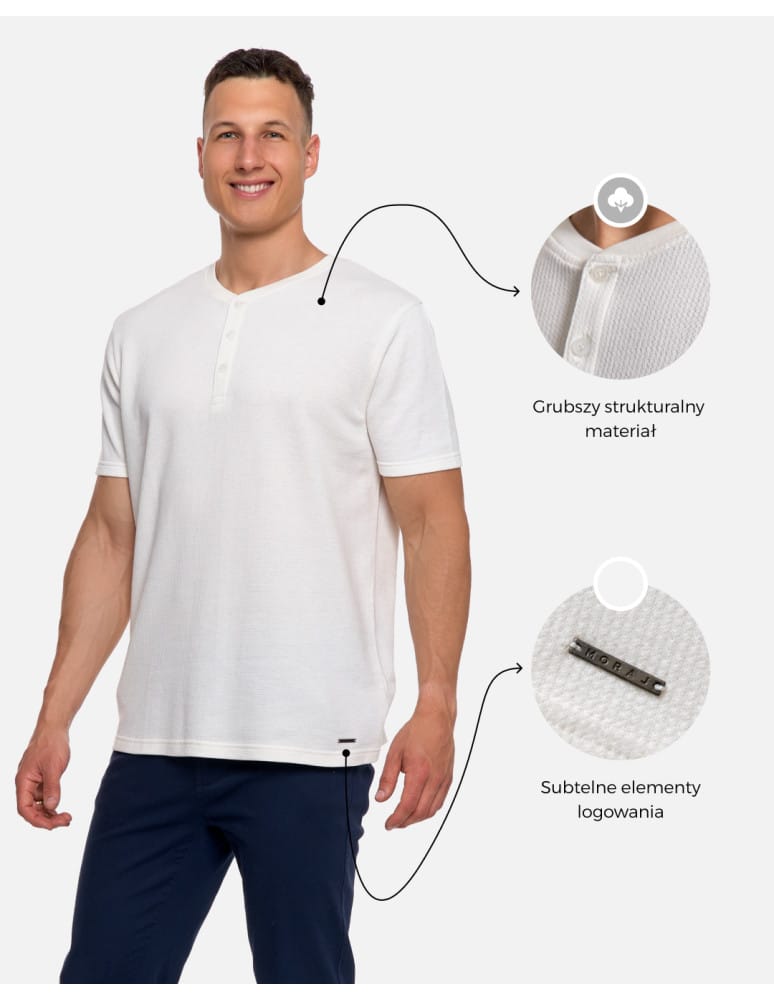 Koszulki i Tank Topy - T-shirt męski bawełniany o strukturalnym splocie typu waffle KREMOWY  - produkt moraj.pl 3