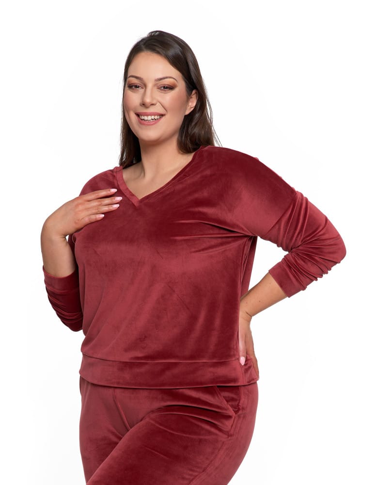 Bluzy damskie - Bluza damska welurowa klasyczna z dekoltem V BORDOWY - produkt moraj.pl 12
