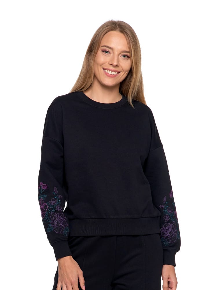 Bluzy damskie - Bluza dresowa damska ocieplana luźna z haftowanymi rękawami CZARNY  - produkt moraj.pl 5