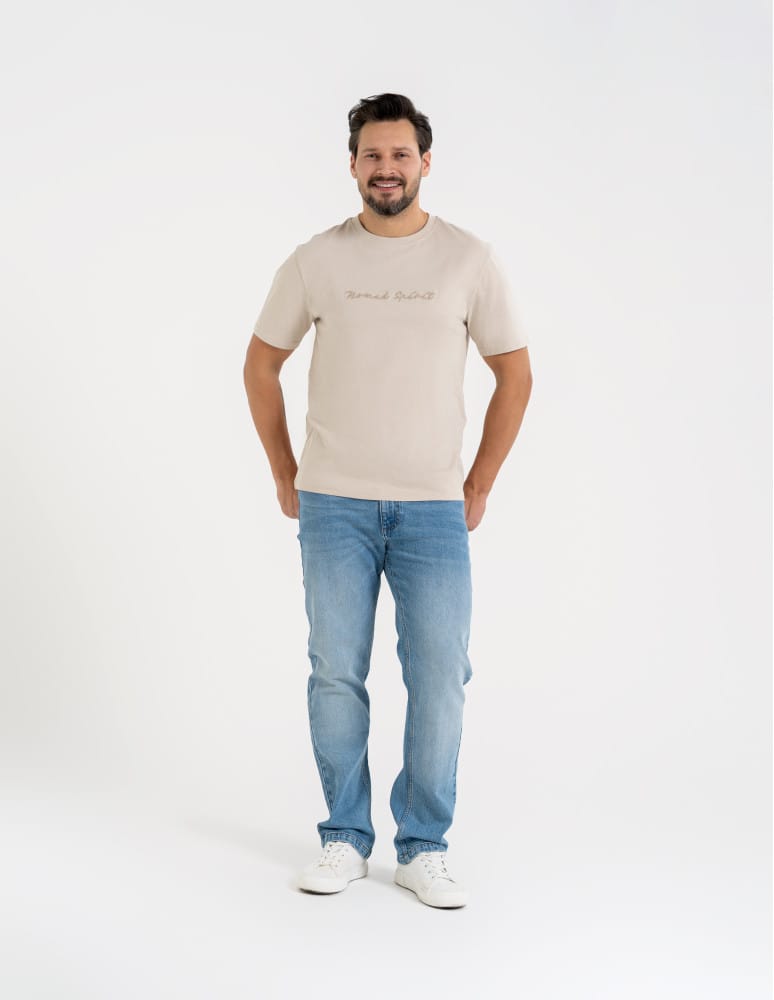 Koszulki z kr&oacute;tkim rękawem - T-shirt męski bawełniany z haftowanym napisem o klasycznym kroju BRĄZOWY  - produkt moraj.pl 5