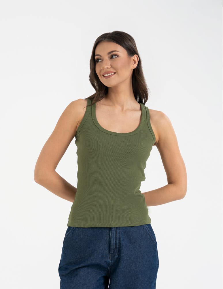 Topy na ramiączkach - Damska koszulka tank top w prążek bawełniana KHAKI - produkt moraj.pl 5