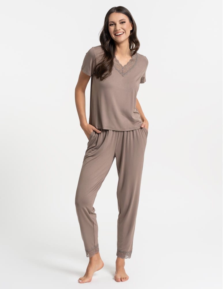 Piżamy z kr&oacute;tkim rękawem - Piżama damska z długimi spodniami Plus Size wiskoza bambusowa MOKKA  - produkt moraj.pl 5