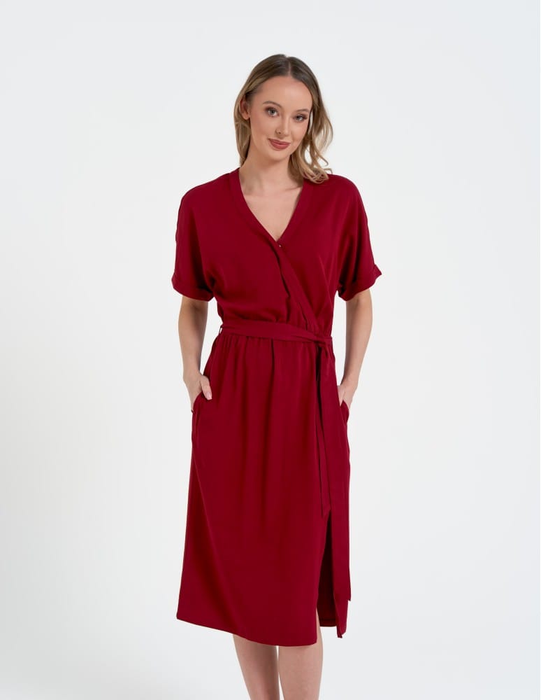Sukienki midi - Sukienka damska wiskozowa midi z kr&oacute;tkim rękawem typu kimono CZERWONY  - produkt moraj.pl 14