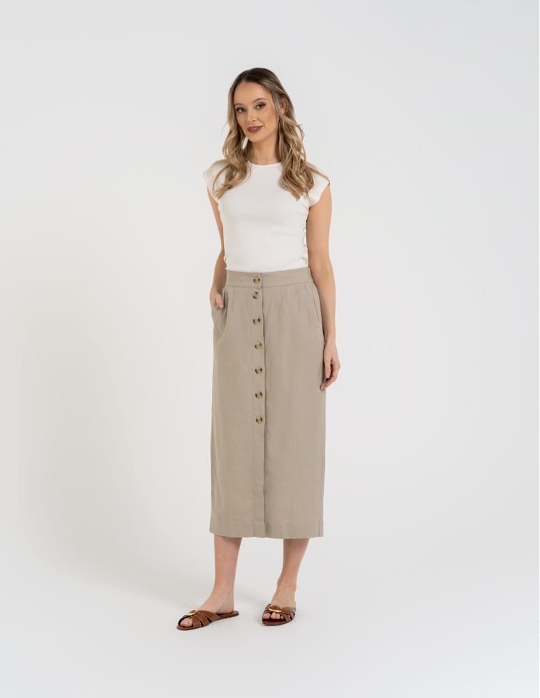 Spódnice midi - Spódnica damska midi casual z lnem i wiskozą BEŻOWY - produkt moraj.pl 1