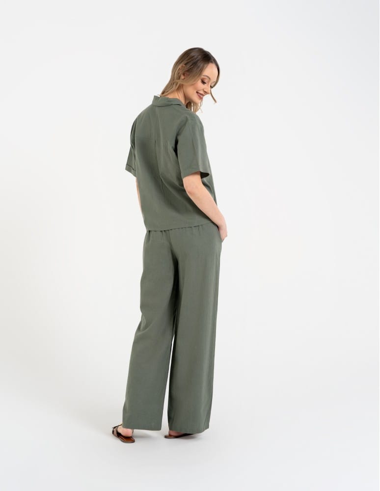 Koszule - Koszula damska casual elegancka z lnu i wiskozy i kr&oacute;tkim rękawem ZIELONY  - produkt moraj.pl 8