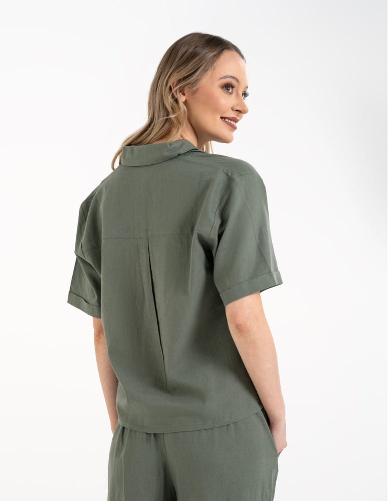 Koszule - Koszula damska casual elegancka z lnu i wiskozy i kr&oacute;tkim rękawem ZIELONY  - produkt moraj.pl 7