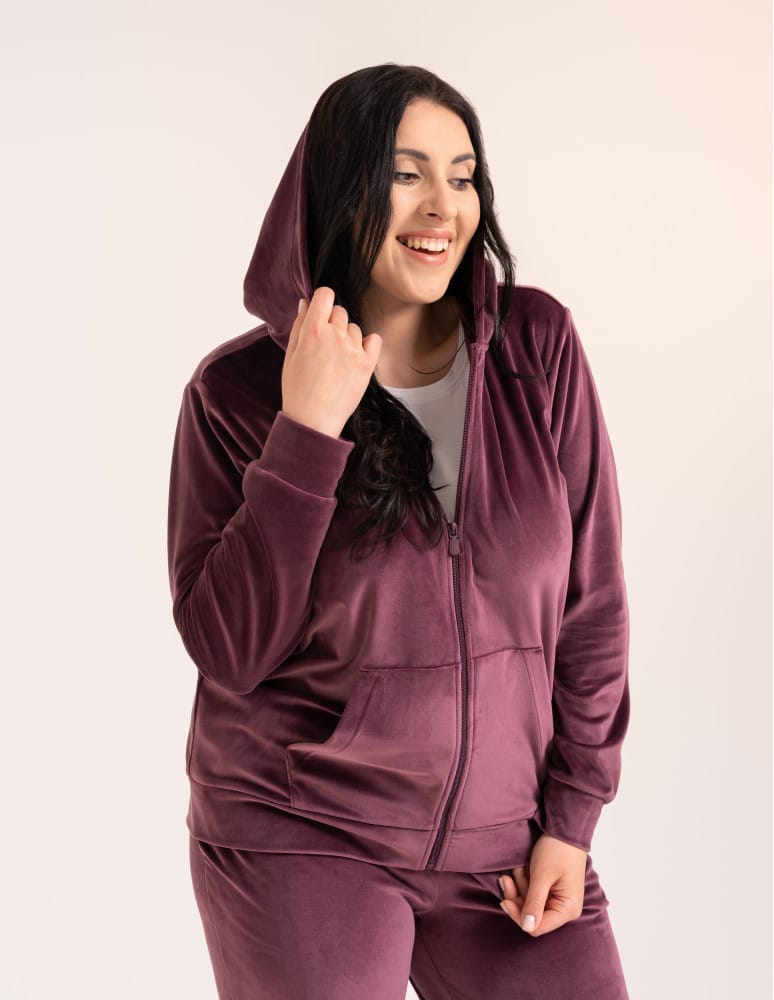 Bluzy dresowe - Bluza damska welurowa rozpinana z kapturem i kieszeniami FIOLETOWY - produkt moraj.pl 1