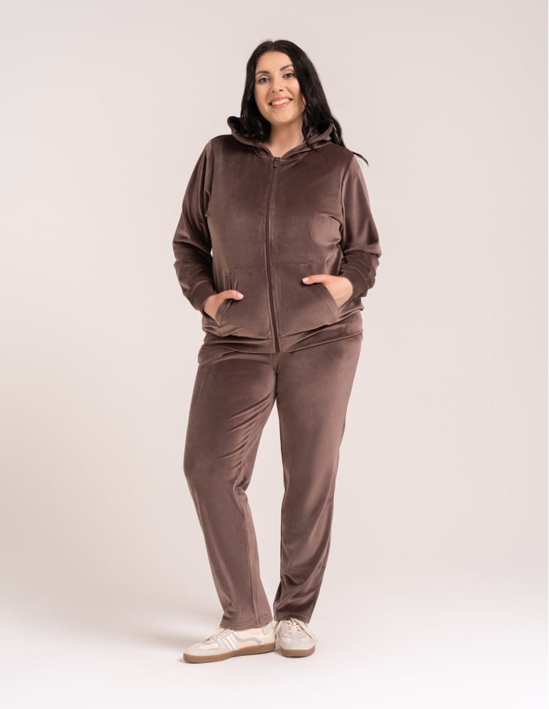 Bluzy dresowe - Bluza damska welurowa rozpinana z kapturem i kieszeniami BRĄZOWY - produkt moraj.pl 15