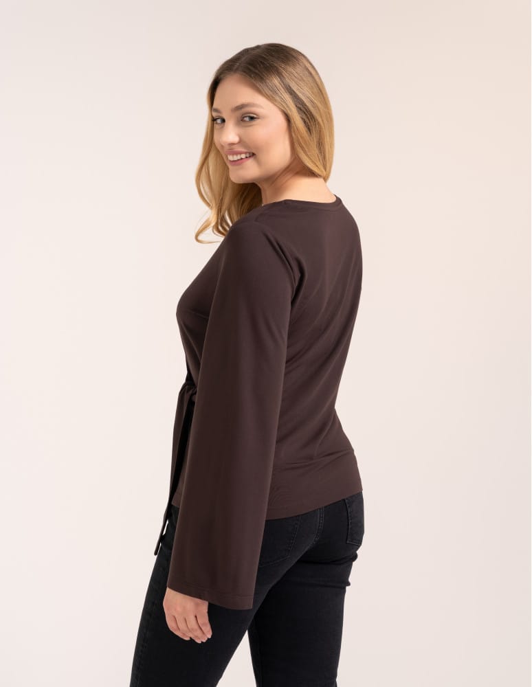 Bluzki z długim rękawem - Elegancka bluzka wiskozowa z drapowaniem szerokie rękawy BRĄZOWY - produkt moraj.pl 5
