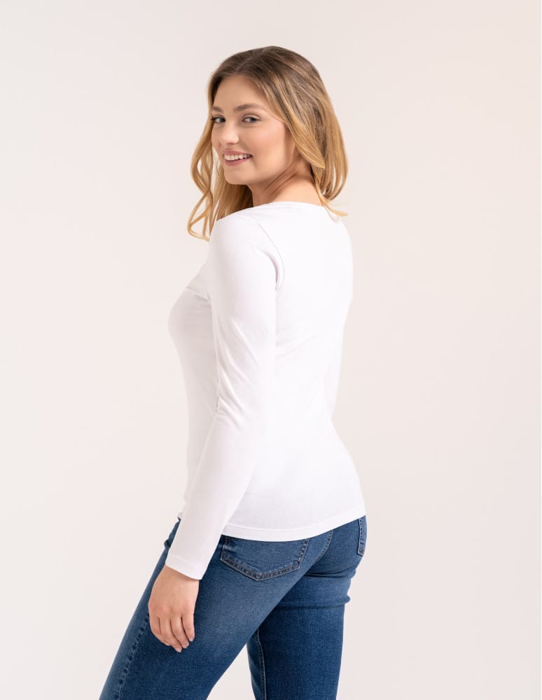 Bluzki z długim rękawem - Klasyczny longsleeve damski bawełniany Slim Fit BIAŁY - produkt moraj.pl 5