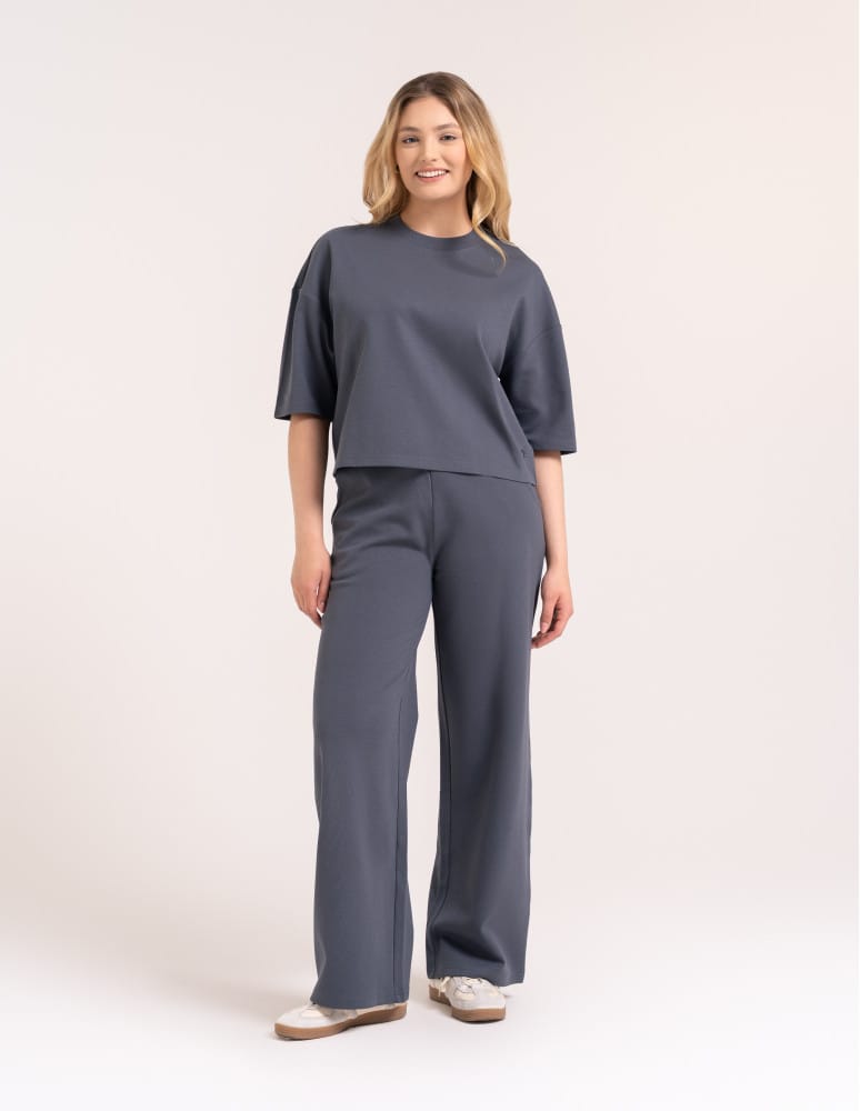 Spodnie dresowe - Spodnie damskie Wide Leg wygodne z wysokim stanem GRAFITOWY  - produkt moraj.pl 3