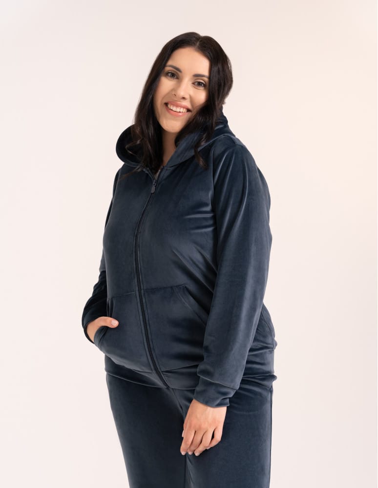 Bluzy dresowe - Bluza damska welurowa rozpinana z kapturem i kieszeniami SZARY - produkt moraj.pl 13