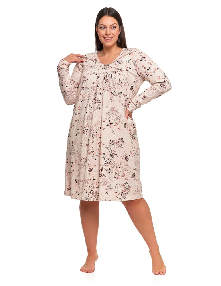 Koszule nocne z długim rękawem - Koszula nocna damska bawełna długi rękaw w kwiaty z marszczeniem Plus Size BEŻOWY  - produkt moraj.pl 5