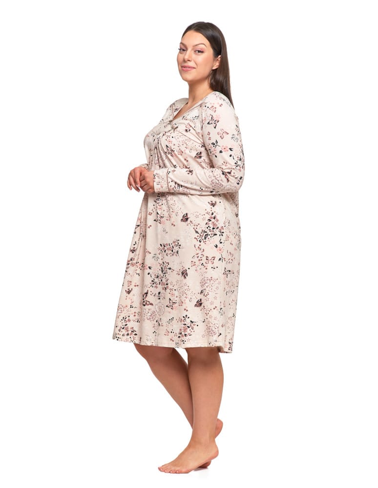 Koszule nocne z długim rękawem - Koszula nocna damska bawełna długi rękaw w kwiaty z marszczeniem Plus Size BEŻOWY  - produkt moraj.pl 6