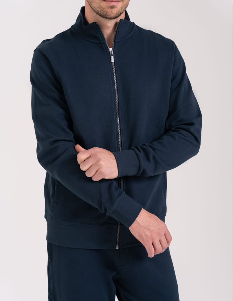 Bluzy dresowe - Męska bluza casual 100% bawełniana ze stójką zapinana na zamek GRANATOWY - produkt moraj.pl 4