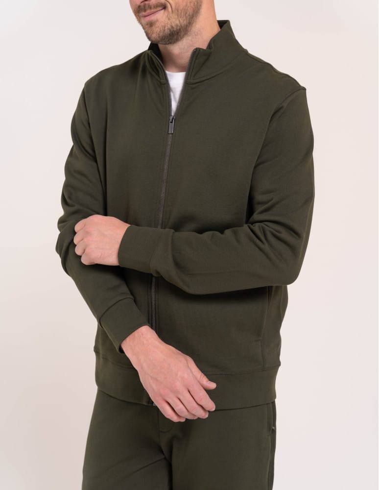 Bluzy dresowe - Męska bluza casual 100% bawełniana ze stójką zapinana na zamek KHAKI - produkt moraj.pl 3